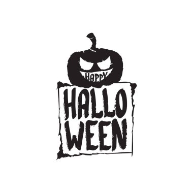 Mutlu Halloween metin afiş veya etiket. Vektör Cadılar Bayramı kaligrafi metin etiketi üzerinde beyaz izole korkutucu Kabak ile
