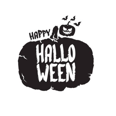 Mutlu Halloween metin afiş veya etiket. Vektör Cadılar Bayramı kaligrafi metin etiketi üzerinde beyaz izole korkutucu Kabak ile
