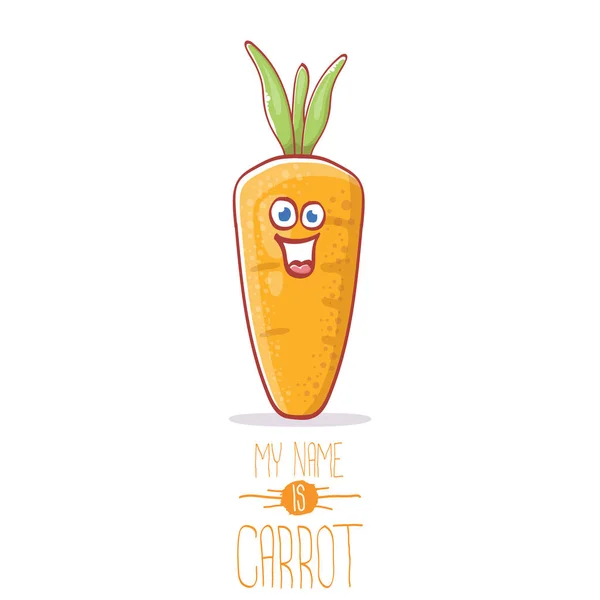 Vector engraçado desenho animado bonito personagem de cenoura isolado no fundo branco. Meu nome é ilustração do conceito de vetor de cenoura. caráter de comida vegetal outono funky — Vetor de Stock