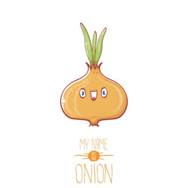 komik karikatür şirin küçük soğan karakter beyaz arka plan üzerinde izole vektör. Benim adım soğan vektör kavramı ilişkindir. Funky yaz sebze gıda karakter