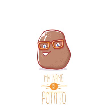 Beyaz arka plan üzerinde izole kahverengi şirin küçük kawaii patates çizgi film karakteri vektör. Benim adım patates vektör kavramı ilişkindir. Funky yaz sebze gıda çocuklar karakter