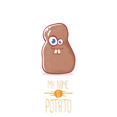 Beyaz arka plan üzerinde izole kahverengi şirin küçük kawaii patates çizgi film karakteri vektör. Benim adım patates vektör kavramı ilişkindir. Funky yaz sebze gıda çocuklar karakter