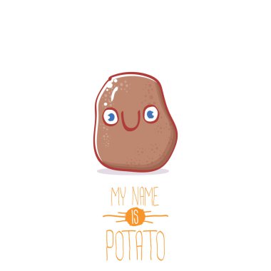 Beyaz arka plan üzerinde izole kahverengi şirin küçük kawaii patates çizgi film karakteri vektör. Benim adım patates vektör kavramı ilişkindir. Funky yaz sebze gıda çocuklar karakter