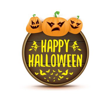 Mutlu Cadılar Bayramı web ahşap tahta etiketle Halloween korkunç kabaklar beyaz arka plan üzerinde izole. Metin tebrik ile funky çocuklar Cadılar Bayramı afiş