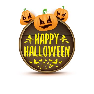 Mutlu Cadılar Bayramı web ahşap tahta etiketle Halloween korkunç kabaklar beyaz arka plan üzerinde izole. Metin tebrik ile funky çocuklar Cadılar Bayramı afiş