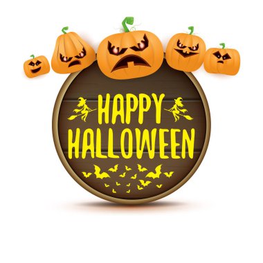 Mutlu Cadılar Bayramı web ahşap tahta etiketle Halloween korkunç kabaklar beyaz arka plan üzerinde izole. Metin tebrik ile funky çocuklar Cadılar Bayramı afiş