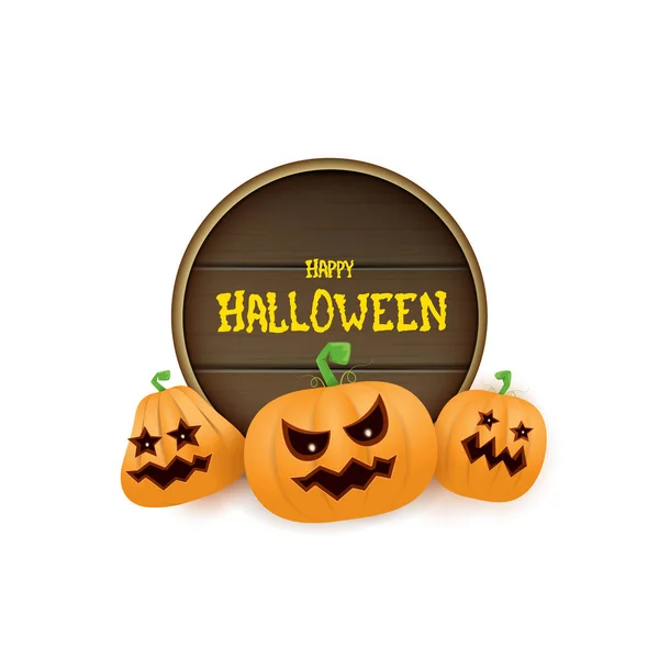 Happy Halloween web träskiva etikett med läskiga Halloweenpumpor isolerad på vit bakgrund. Funky kids Halloween banner med hälsning text — Stock vektor