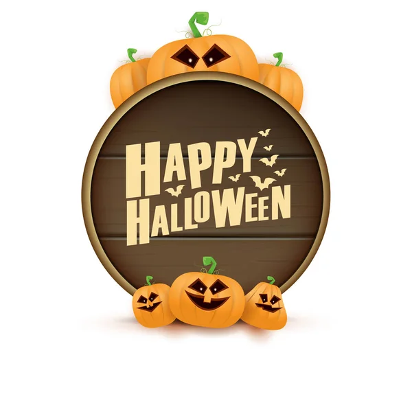 Happy Halloween web etichetta bordo di legno con zucche spaventose Halloween isolato su sfondo bianco. Banner di Halloween per bambini Funky con testo di saluto — Vettoriale Stock