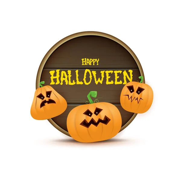 Šťastný Halloween web dřevěné desce štítek s strašidelné dýně Halloween izolovaných na bílém pozadí. Funky děti Halloween banner s pozdravem textu — Stockový vektor