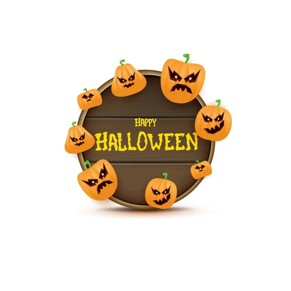 Happy Halloween web träskiva etikett med läskiga Halloweenpumpor isolerad på vit bakgrund. Funky kids Halloween banner med hälsning text — Stock vektor