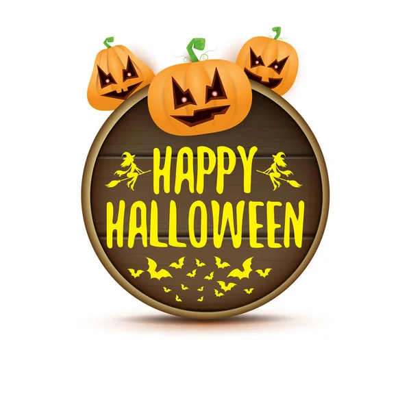 Happy Halloween web wooden board label with Halloween scary pumpkins isolated on white background . Funky kids Halloween banner with greeting text — Stock Vector