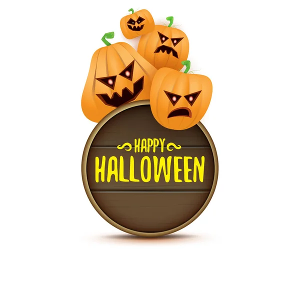 Happy Halloween web träskiva etikett med läskiga Halloweenpumpor isolerad på vit bakgrund. Funky kids Halloween banner med hälsning text — Stock vektor