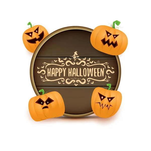 Etiqueta de tábua de madeira feliz Halloween web com abóboras assustadoras Halloween isolado no fundo branco. Banner de Halloween crianças funky com texto de saudação — Vetor de Stock