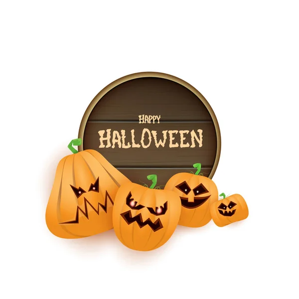 Šťastný Halloween web dřevěné desce štítek s strašidelné dýně Halloween izolovaných na bílém pozadí. Funky děti Halloween banner s pozdravem textu — Stockový vektor