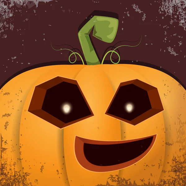 Halloween cartone animato zucca con la faccia su sfondo scuro. Cartone animato vettoriale Illustrazione della zucca intagliata in jack-o-lanterne per banner e poster di Halloween — Vettoriale Stock