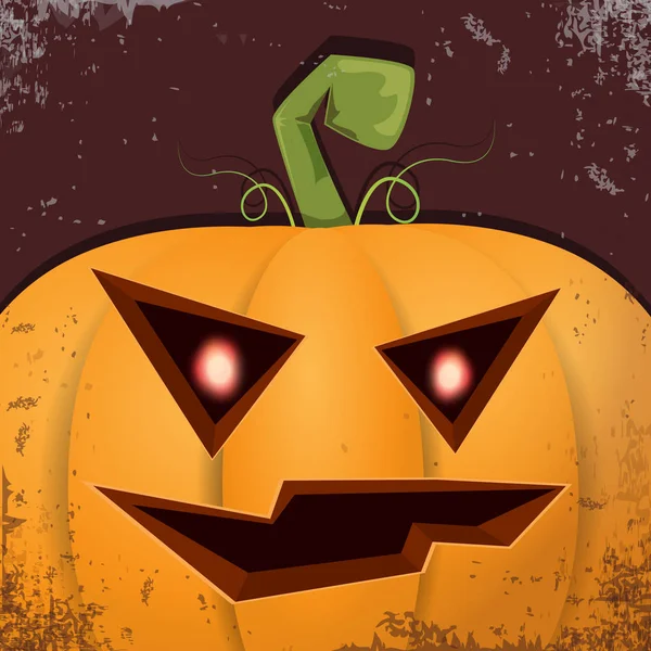Halloween cartone animato zucca con la faccia su sfondo scuro. Cartone animato vettoriale Illustrazione della zucca intagliata in jack-o-lanterne per banner e poster di Halloween — Vettoriale Stock