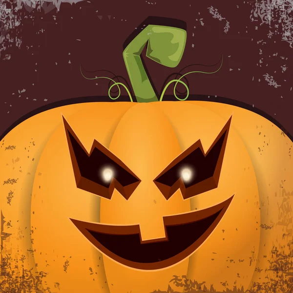 Abóbora de desenhos animados de Halloween com rosto no fundo escuro. Desenho animado vetorial Ilustração de abóbora esculpida em jack-o-lanternas para banners e cartazes de halloween —  Vetores de Stock