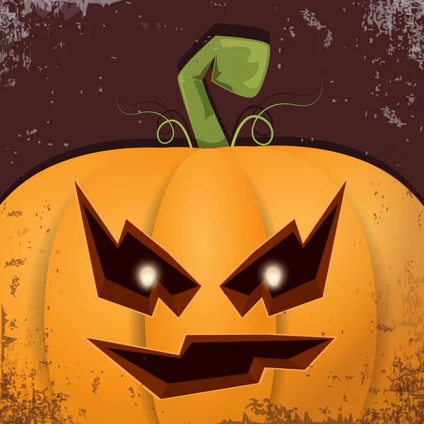 Halloween tecknad pumpa med ansikte på mörk bakgrund. Vektor tecknad Illustration av ristade pumpa in jack-o-lyktor till halloween affischer och posters — Stock vektor