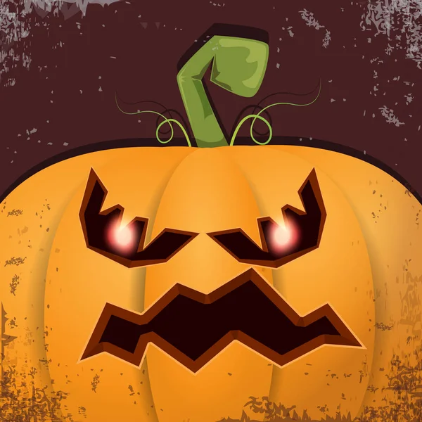 Abóbora de desenhos animados de Halloween com rosto no fundo escuro. Desenho animado vetorial Ilustração de abóbora esculpida em jack-o-lanternas para banners e cartazes de halloween —  Vetores de Stock