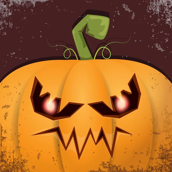 Halloween cartone animato zucca con la faccia su sfondo scuro. Cartone animato vettoriale Illustrazione della zucca intagliata in jack-o-lanterne per banner e poster di Halloween — Vettoriale Stock