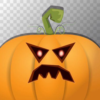 Cadılar Bayramı Balkabağı yüzünde şeffaf arka plan ile. Jack-o-fener Cadılar Bayramı afiş ve posterler için içine karikatür çizim, oyulmuş kabak vektör