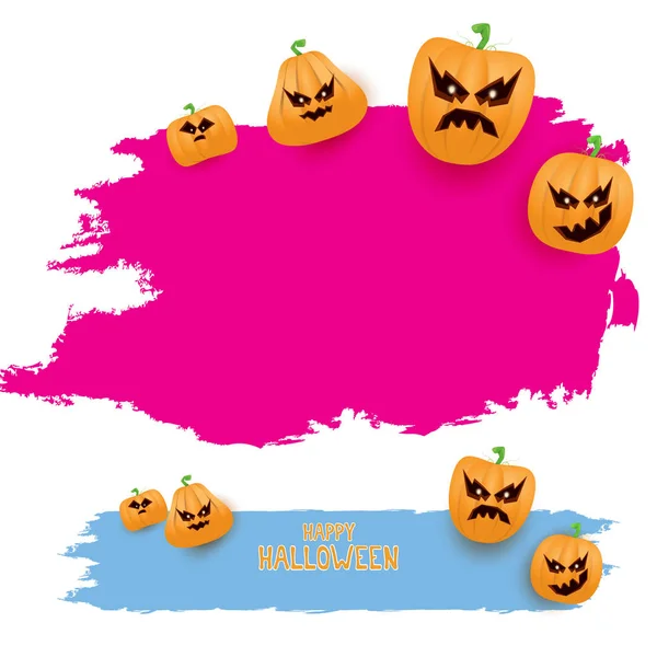 Halloween web roze grunge spandoek of poster met enge Halloween-pompoenen geïsoleerd op een witte achtergrond. Funky kids Halloween banner met ruimte voor groeten tekst of verkoop — Stockvector