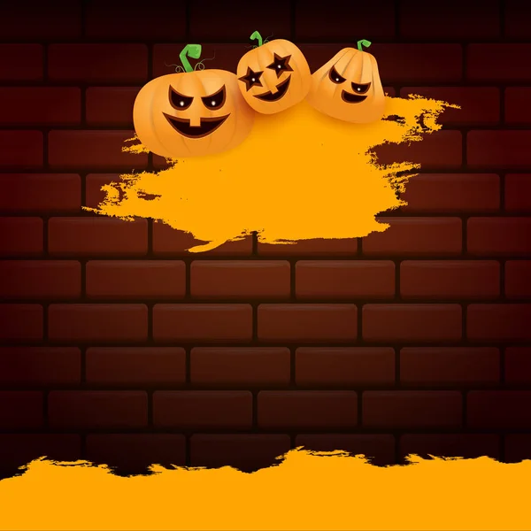 Halloween web laranja grunge Banner ou cartaz com abóboras assustadoras Halloween isolado no fundo da parede de tijolo. Banner laranja Funky crianças Halloween com espaço para texto de saudação ou venda — Vetor de Stock