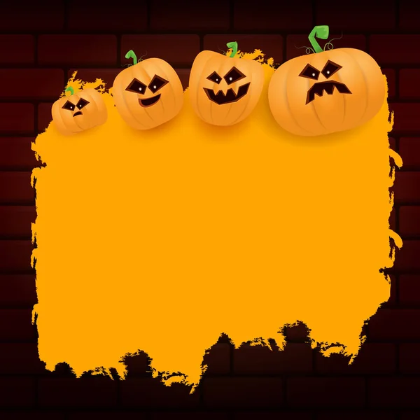 Bannière ou affiche avec des citrouilles effrayantes d'Halloween isolées sur un fond de mur de briques. Funky bannière orange Halloween pour enfants avec espace pour saluer le texte ou la vente — Image vectorielle