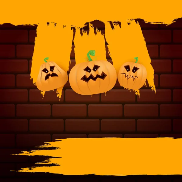 Halloween web laranja grunge Banner ou cartaz com abóboras assustadoras Halloween isolado no fundo da parede de tijolo. Banner laranja Funky crianças Halloween com espaço para texto de saudação ou venda — Vetor de Stock