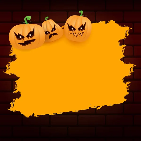 Halloween web laranja grunge Banner ou cartaz com abóboras assustadoras Halloween isolado no fundo da parede de tijolo. Banner laranja Funky crianças Halloween com espaço para texto de saudação ou venda — Vetor de Stock