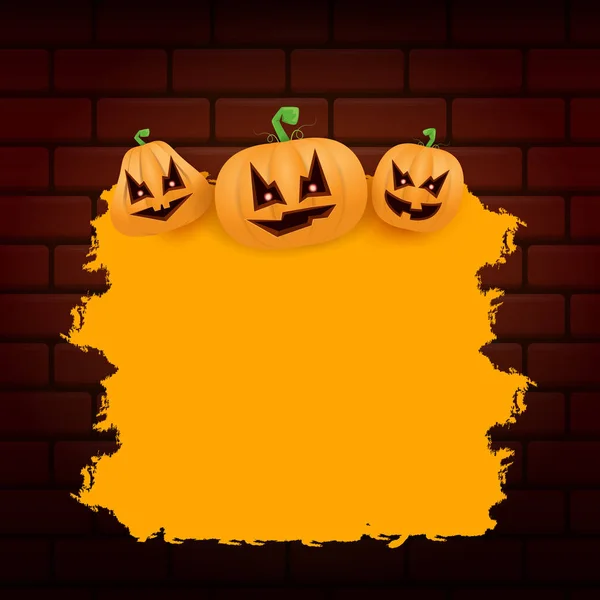 Halloween web arancione grunge Banner o poster con zucche spaventose Halloween isolato su sfondo muro di mattoni. Bandiera arancione per bambini Funky Halloween con spazio per il testo di saluto o la vendita — Vettoriale Stock