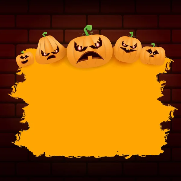 Halloween Web Orange Grunge Banner oder Poster mit Halloween gruseligen Kürbissen isoliert auf Backsteinwand Hintergrund. flippige orangefarbene Kinder-Halloween-Banner mit Platz für Grußtext oder Verkauf — Stockvektor