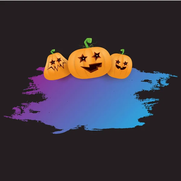 Halloween web violeta grunge Banner ou cartaz com abóboras assustadoras Halloween isolado no fundo preto. Crianças Funky Halloween banner ultravioleta com espaço para texto de saudação ou venda — Vetor de Stock
