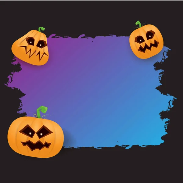 Halloween web violet grunge banner oder poster mit halloween gruseligen kürbissen auf schwarzem hintergrund. flippige Kinder-Halloween-Banner mit Platz für Grußtext oder Verkauf — Stockvektor