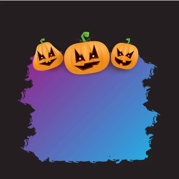 Bannière ou affiche avec des citrouilles effrayantes Halloween isolé sur fond noir. Bannière ultra violette pour enfants Funky Halloween avec espace pour saluer le texte ou la vente — Image vectorielle