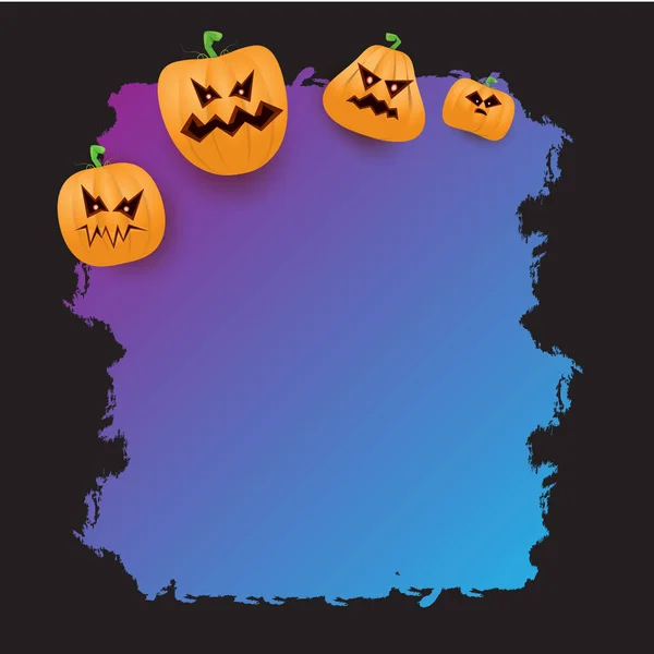 Halloween web violet grunge banner oder poster mit halloween gruseligen kürbissen auf schwarzem hintergrund. flippige Kinder-Halloween-Banner mit Platz für Grußtext oder Verkauf — Stockvektor