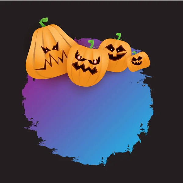 Bannière ou affiche avec des citrouilles effrayantes Halloween isolé sur fond noir. Bannière ultra violette pour enfants Funky Halloween avec espace pour saluer le texte ou la vente — Image vectorielle