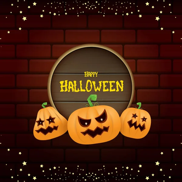 Šťastný Halloween web dřevěné desce štítek s strašidelné dýně Halloween izolované na cihlovou zeď na pozadí. Funky děti Halloween banner nebo tlačítko s pozdravem textu — Stockový vektor