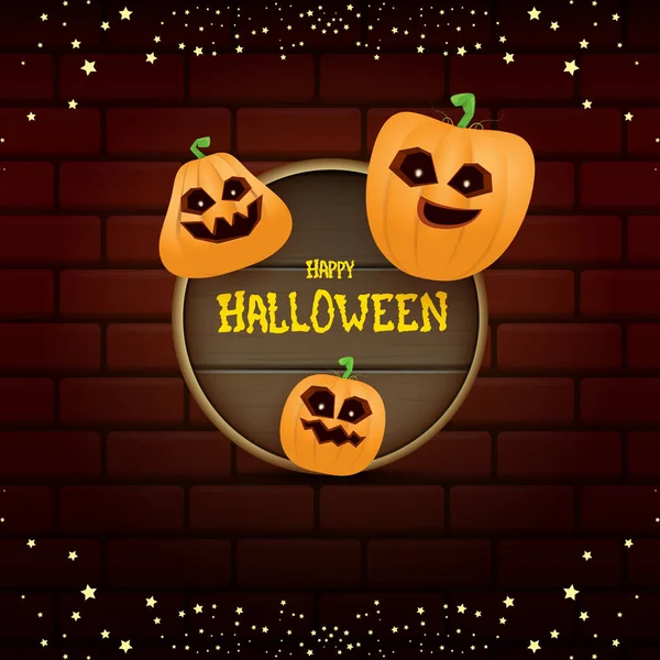 Happy Halloween web wooden board label with Halloween scary pumpkins isolated on brick wall background. Веселые детишки Хэллоуин баннер или кнопка с приветственным текстом — стоковый вектор