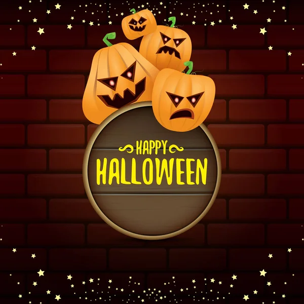 Happy Halloween web träskiva etikett med läskiga Halloweenpumpor isolerade på tegel vägg bakgrund. Funky kids Halloween banner eller knappen med hälsning text — Stock vektor