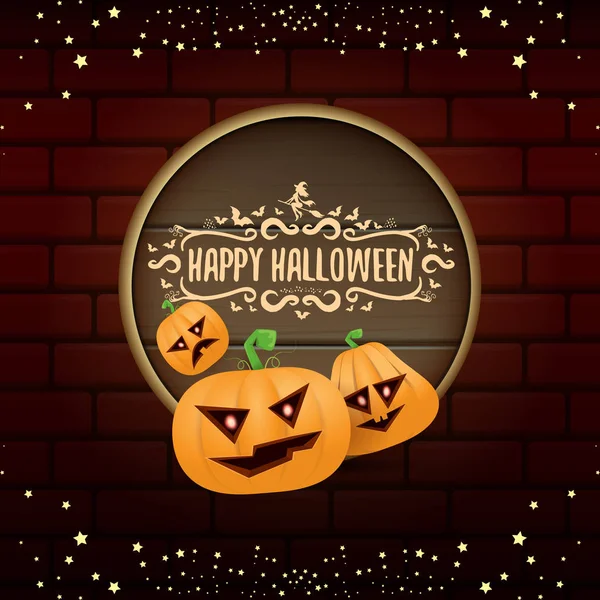 Joyeux Halloween web étiquette de conseil en bois avec Halloween citrouilles effrayantes isolé sur fond de mur de briques. Bannière ou bouton funky Halloween pour enfants avec texte de salutation — Image vectorielle