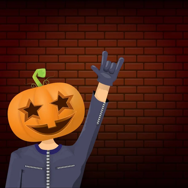 Vector Feliz Halloween creativo hipster fondo de la fiesta. hombre en traje de Halloween con cabeza de calabaza tallada sobre fondo de pared de ladrillo. Diseño del cartel del concierto de Halloween rock feliz — Vector de stock