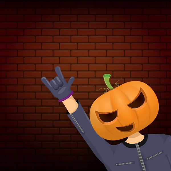 Vector Feliz halloween criativo hipster festa fundo. homem em traje de Halloween com cabeça de abóbora esculpida no fundo da parede de tijolo. Projeto de cartaz de concerto de halloween rock feliz — Vetor de Stock