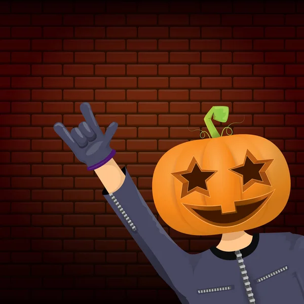 Vector Feliz Halloween creativo hipster fondo de la fiesta. hombre en traje de Halloween con cabeza de calabaza tallada sobre fondo de pared de ladrillo. Diseño del cartel del concierto de Halloween rock feliz — Vector de stock