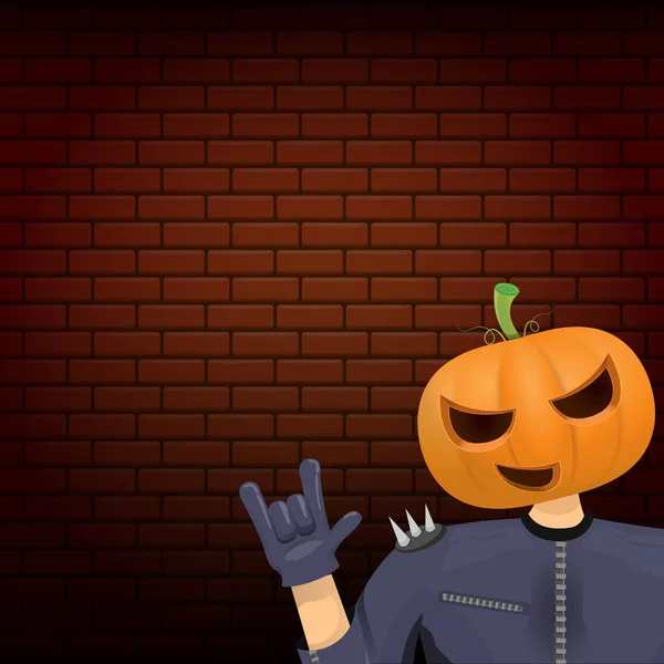 Vector Feliz Halloween creativo hipster fondo de la fiesta. hombre en traje de Halloween con cabeza de calabaza tallada sobre fondo de pared de ladrillo. Diseño del cartel del concierto de Halloween rock feliz — Archivo Imágenes Vectoriales