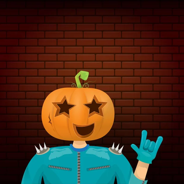 Vector Feliz Halloween creativo hipster fondo de la fiesta. hombre en traje de Halloween con cabeza de calabaza tallada sobre fondo de pared de ladrillo. Diseño del cartel del concierto de Halloween rock feliz — Vector de stock