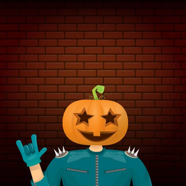 Vector Feliz Halloween creativo hipster fondo de la fiesta. hombre en traje de Halloween con cabeza de calabaza tallada sobre fondo de pared de ladrillo. Diseño del cartel del concierto de Halloween rock feliz — Vector de stock