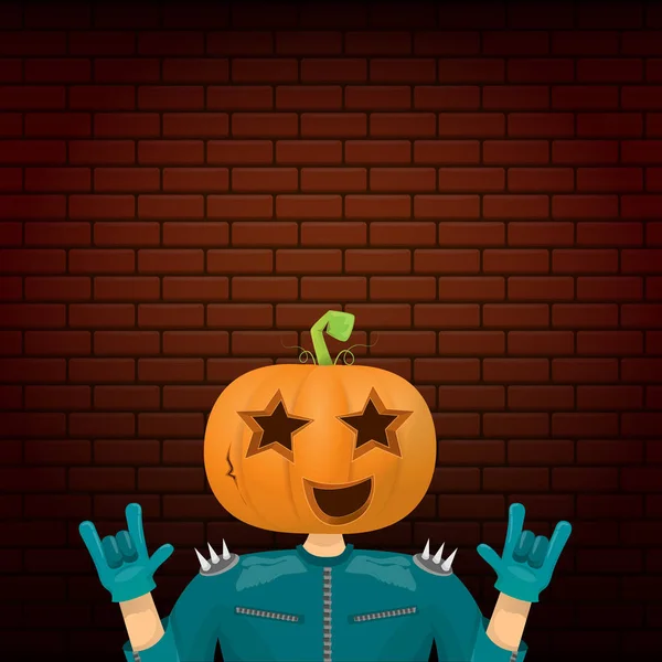 Vector Feliz Halloween creativo hipster fondo de la fiesta. hombre en traje de Halloween con cabeza de calabaza tallada sobre fondo de pared de ladrillo. Diseño del cartel del concierto de Halloween rock feliz — Vector de stock