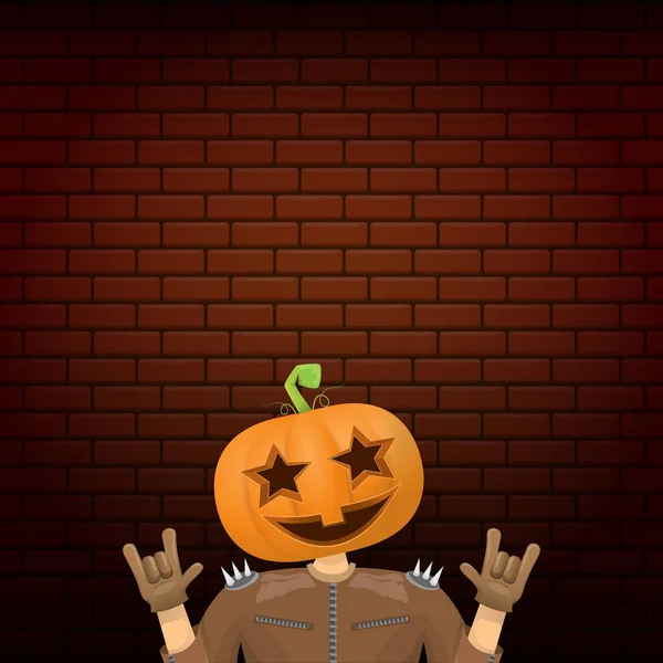 Vector Feliz Halloween creativo hipster fondo de la fiesta. hombre en traje de Halloween con cabeza de calabaza tallada sobre fondo de pared de ladrillo. Diseño del cartel del concierto de Halloween rock feliz — Vector de stock