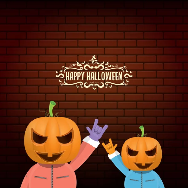 Vector Happy halloween creative hipster party background. man in halloween costume with carved pumpkin head on brick wall background. Happy halloween rock concert poster design — 图库矢量图片